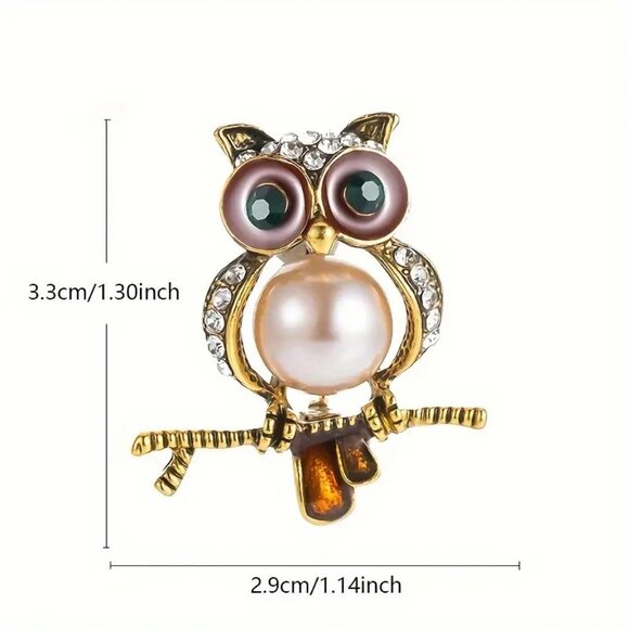 Owl Brooch Pearl Enamel Rhinestone Pin Gold Bird Gems Big Eyes Trendy Glam Retro - Picture 4 of 5